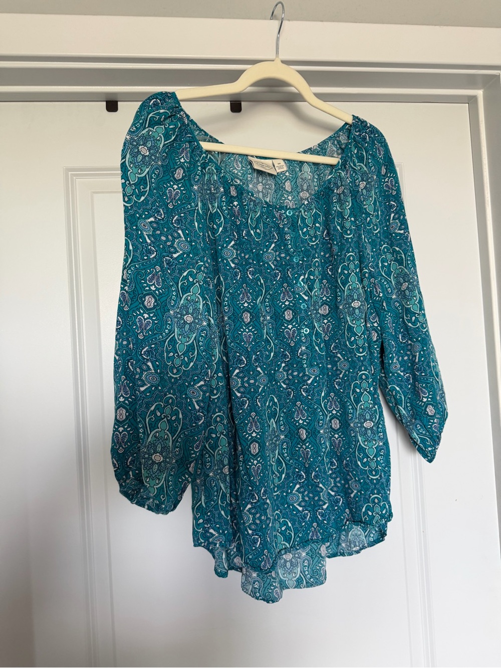 St. John’s Bay 3X Teal Paisley Peasant Blouse 3/4 Sleeve Button Top